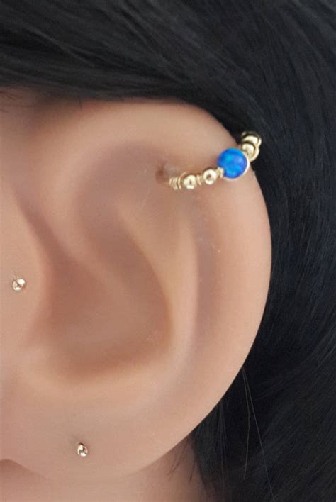 Fire Blue Opal Cartilage Earring Gold Beaded Helix Hoop Etsy