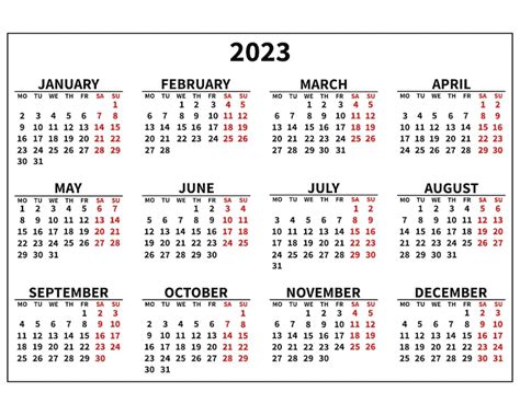 Calendario 2023 Planificación Diseño Clásico Negro Y Rojo Imprimir