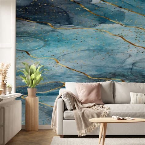 Gold And Blue Marble Wallpaper Paste The Wall Silk Paste Etsy