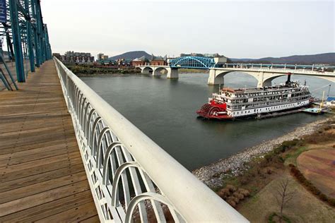 Photo Paddlewheel Steamboat Docked Benwath Pedestrian Bridge Over The