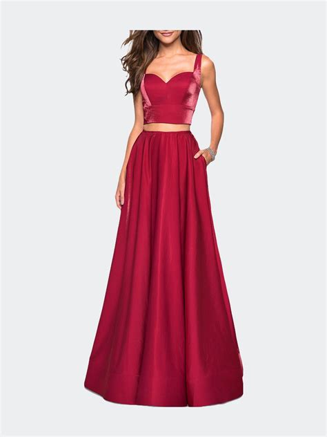 La Femme Metallic Satin Two Piece Gown With Pockets In Red Lyst