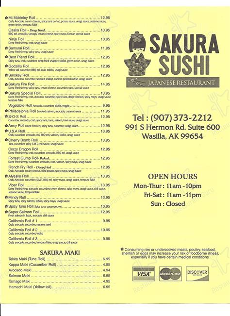 Menu At Sakura Sushi Restaurant Wasilla 991 S Hermon Rd 600
