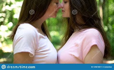Two Lesbians Kissing Publicly Expressing Feelings Freedom And Lgbt
