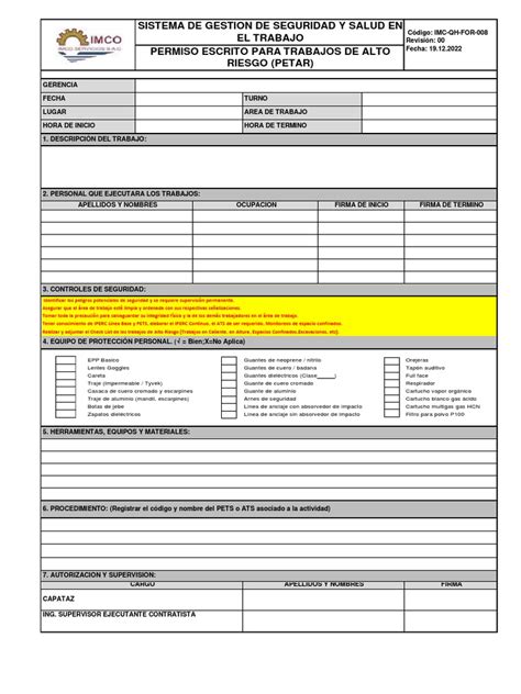 Formato Permiso Escrito Para Trabajo De Alto Riesgo Petar Pdf