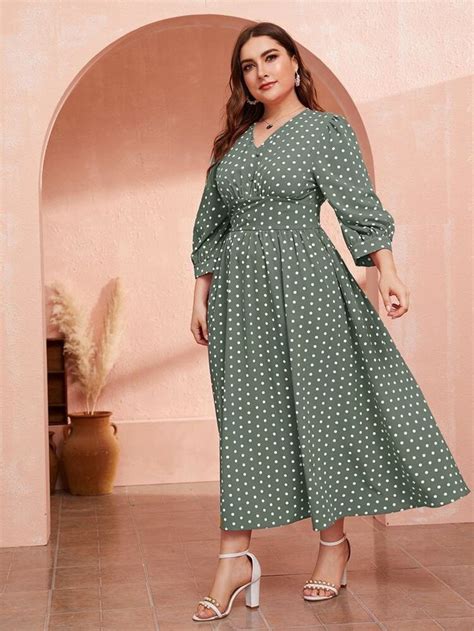 Plus Buttoned Front Corset Waist Polka Dot Dress Shein Usa Big Size