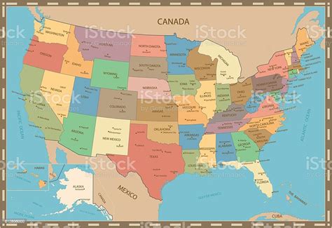 Highly Detailed Vintage Color Map Of United States Stock Illustration