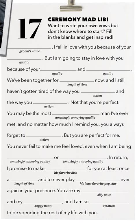Play this at a birthday party and give out a prize to the funniest recipe or to the most realistic! Wedding vow Mad Lib from Brides Magazine | Wedding vows ...