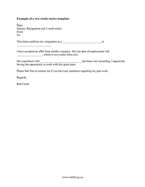 2 Weeks Resignation Letter Template