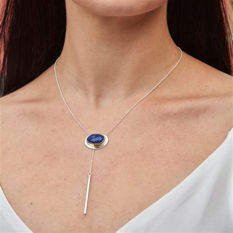 Lapis Lazuli Gemstone Sterling Silver Lariat Necklace Poppy Silk