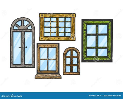 Windows Wooden Color Sketch Engraving Vector Stock Vector