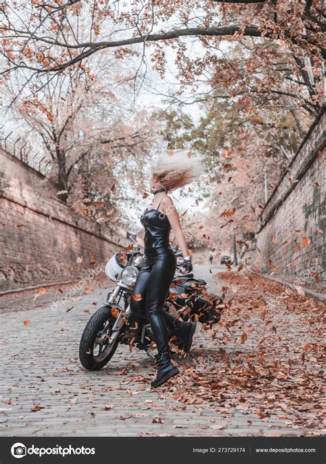 Beautiful Biker Woman Posing Motorcycle Outdoors Stock Photo By