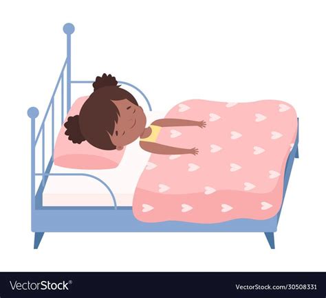 Cute Little Girl Sleeping Sweetly In Her Bed Under Blanket Vector