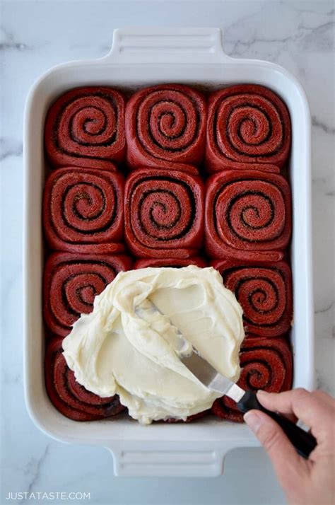Red Velvet Cinnamon Rolls With Cream Cheese Frosting Just A Taste