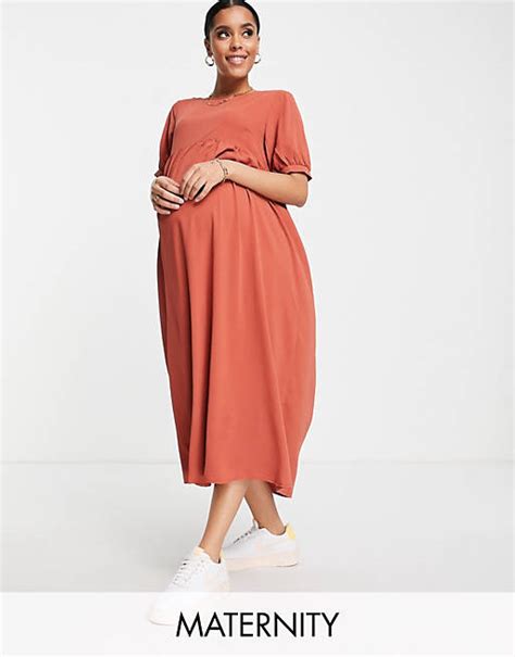 Missguided Maternity Puff Sleeve Midi Smock Dress In Rust Asos