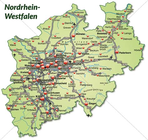 An dieser stelle finden sie inhalte von drittanbietern. Karte von Nordrhein-Westfalen mit Verkehrsnetz in ...