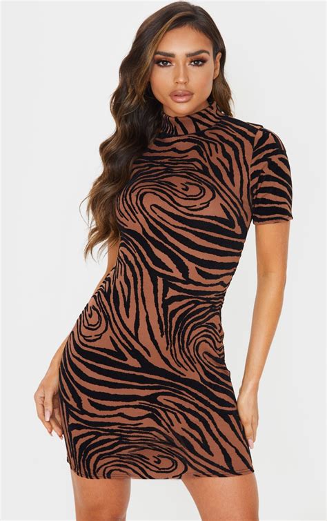 Brown Zebra Print Flocked High Neck Bodycon Dress Prettylittlething