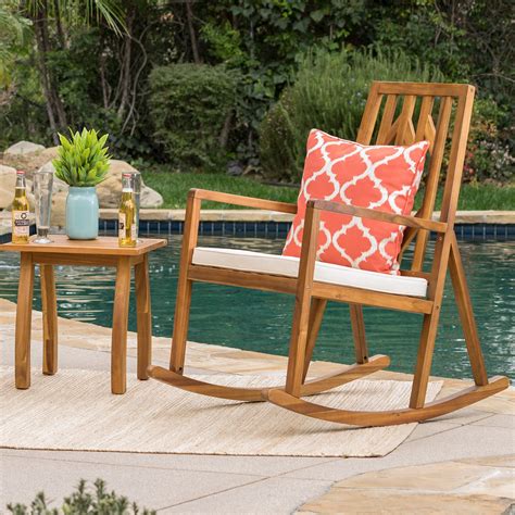 Amarante Outdoor Wood Rocking Chair With Cushion And Wood Accent Table