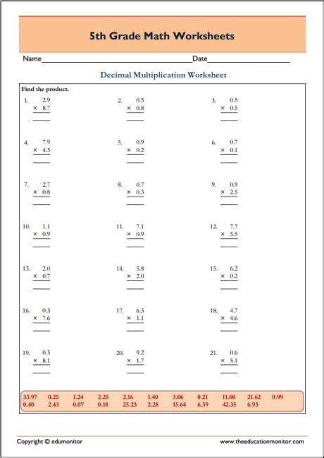 5th Grade Decimal Multiplication Worksheets