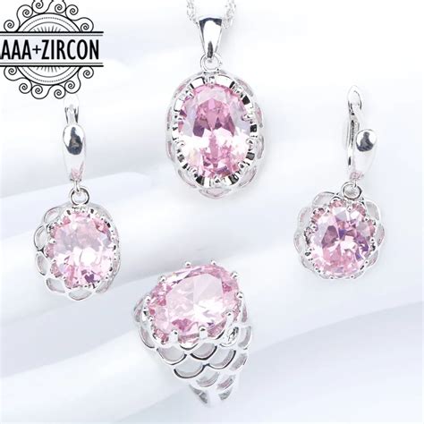 Sterling Silver Women Bridal Jewelry Sets Pink Zircon Necklaces