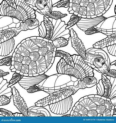Seamless Pattern Of Graphic Swimming Turtles In Black And White Colors