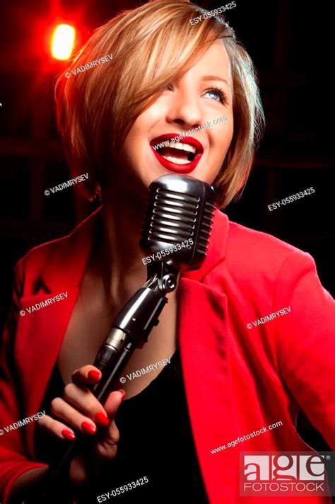 Singing Woman With Retro Microphone Stock Photo Picture And Low