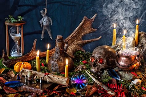 Fonds d'ecran Nature morte Halloween Bougies Citrouille Crâne Fumée