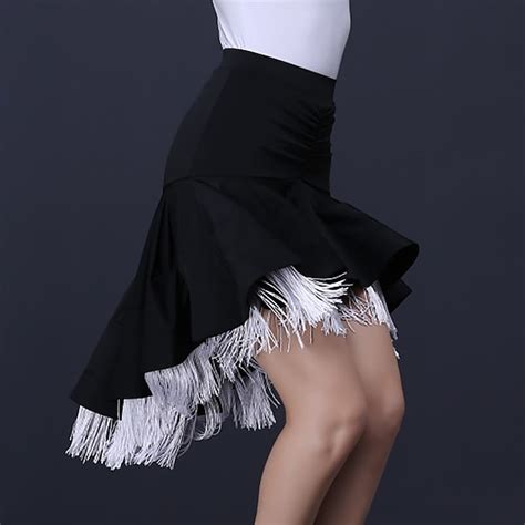 Latin Dance Skirts Fringed Tassel Ruching Pure Color Women‘s Performance Training High Polyester