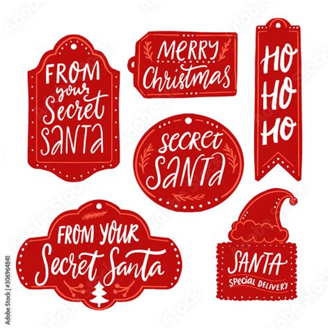 Secret Santa T Tags Red Labels With Text Handwritten Inscriptions