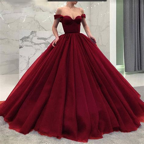 Fashionable Poofy Ball Gown Burgundy Wedding Dresses Off The Shoulder