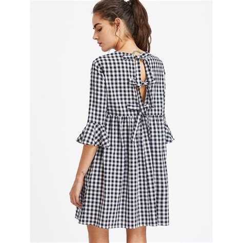 Bow Tie Open Back Fluted Sleeve High Waist Gingham Dress | Gingham fashion, Gingham dress, Cute ...