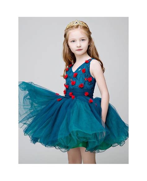 Little Girls Sweetheart Blue Short Party Dress With Hand Made Flowers