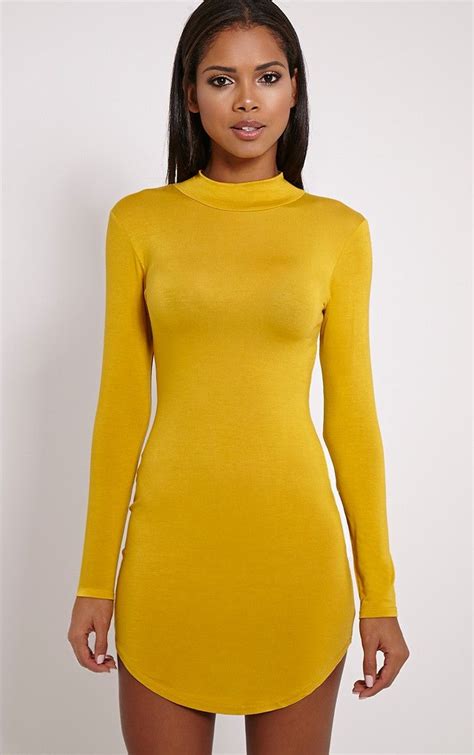 alby mustard curve hem high neck dress dresses prettylittlething high neckline dress