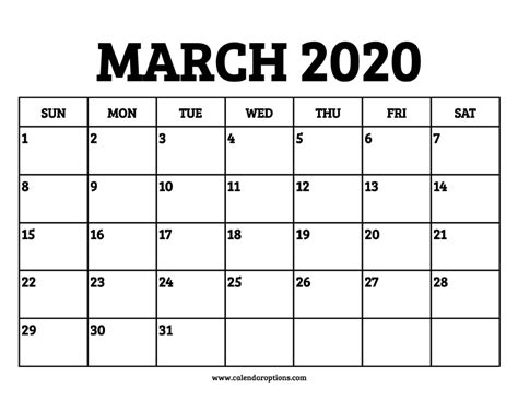 March 2020 Calendar Printable Calendar Options