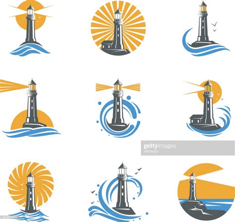 Stock Illustration Lighthouse Among Sea Waves Vector Icons Line Art
