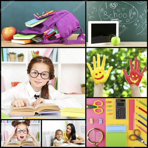 Collage School Children Studying Process Education Tools Stock Photo By