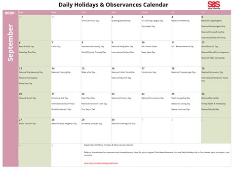 September Daily Holidays And Observances Printable Calendar Sands Blog