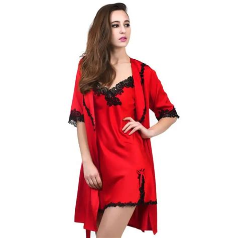 New 2017 Luxury Silk Satin Robe Sets Ladies Sexy Lace Spaghetti Strap V Neck Night Dress And