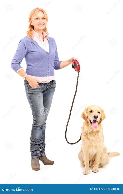 Mature Lady Holding A Dog On A Leash Stock Image Image Of Lifestyle