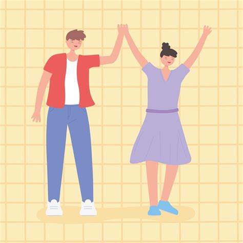 Premium Vector People Together Man And Woman Hands Up United Male And Female Cartoon Characters