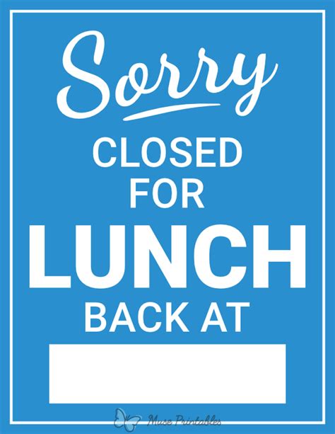 Printable Sorry Closed For Lunch Back At Sign