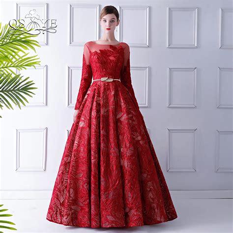 qsyye 2019 elegant red formal evening dresses sexy v back long sleeve floor length lace long