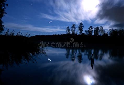 Lago In Foresta Scura Alla Notte Con Luce Della Luna Fotografia Stock