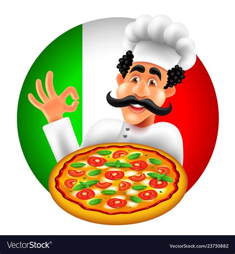 Cartoon Italian Pizza Chef On Round Italy Flag Vector Image