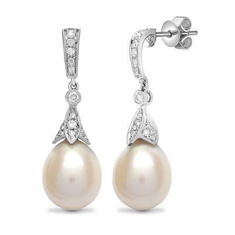 18ct White Gold 50pt Diamond And Pearl Drop Earrings