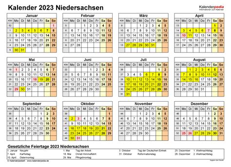Kalender 2023 Niedersachsen Ferien Feiertage Excel Vorlagen
