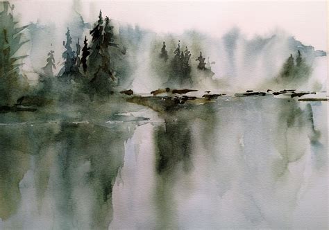 Misty Lake Watercolor Landscape Paintings Abstract Watercolor
