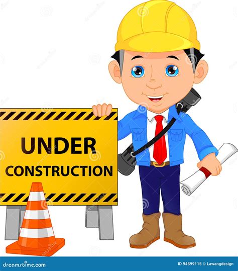 Young Architect Cartoon With Under Construction Sign Stock Vector