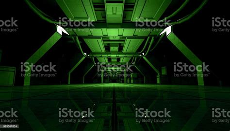 Abstract Green Sci Fi Futuristic Interior Design Corridor3d Rendering