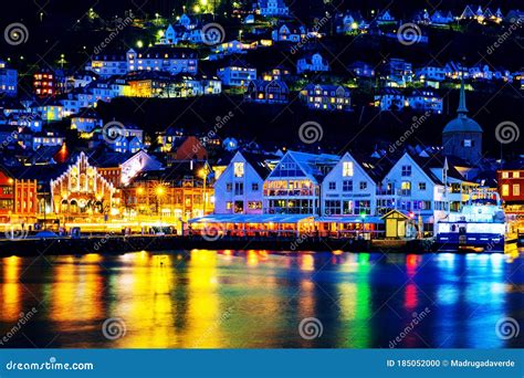 View Of Harbour Old Town Bryggen In Bergen Norway During The Night