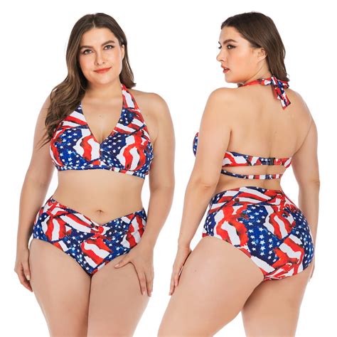 Women S Sexy Plus Size Halter Sling Backless Print Bikini Split